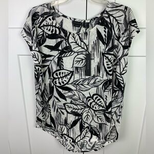 NWT Tahari XL Linen Blouse Short Sleeve White Black Floral Print Luxury